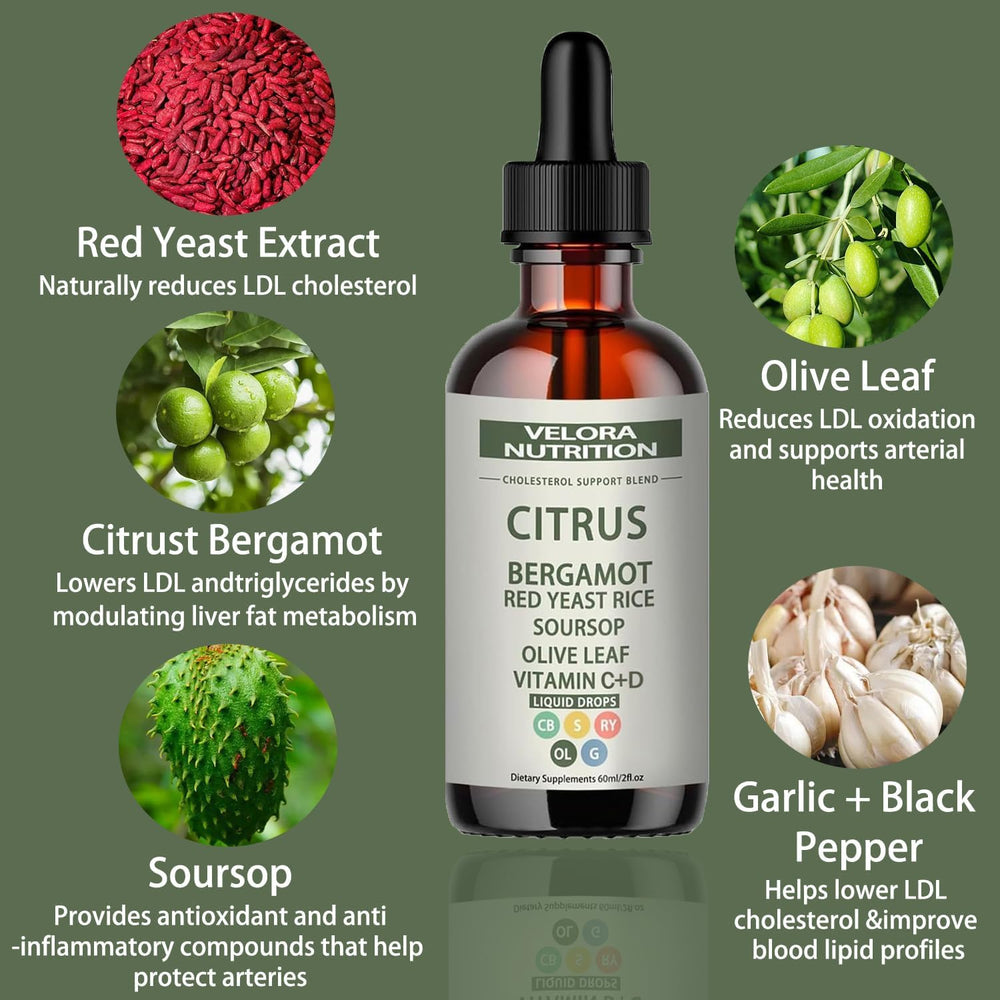 Velora Red Yeast Rice Drops citrus bottle pour illustrates easy, measured dosing.