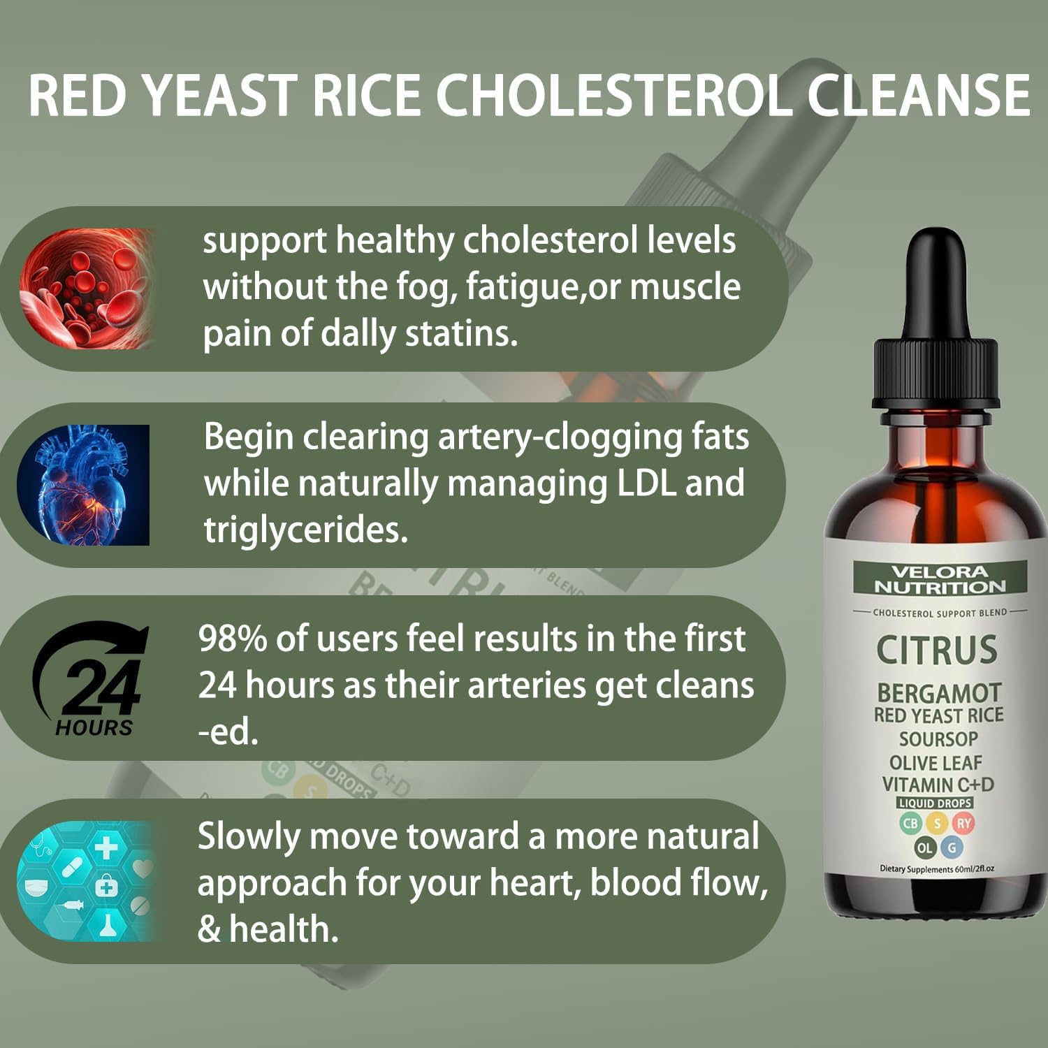Velora red yeast rice drops label close-up highlighting natural ingredients and vegan formula.