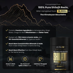 VeltraVita Ashwagandha KSM-66 Shilajit Gummies closeup emphasizing resilience