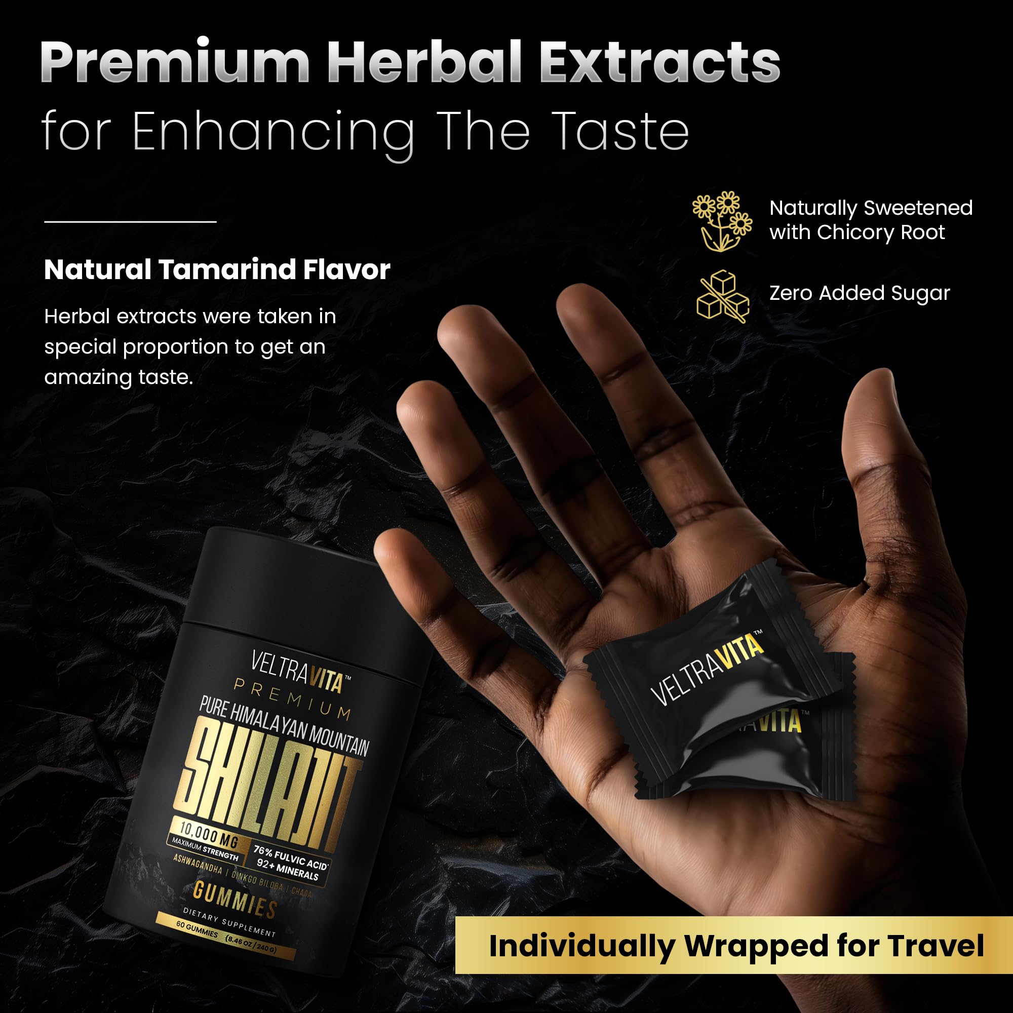 VeltraVita Chaga Shilajit Gummies texture shot highlighting mineral-rich formulation