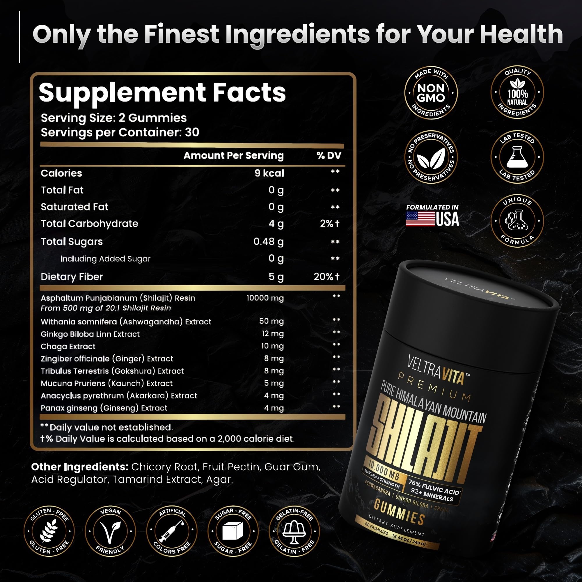 VeltraVita Himalayan Shilajit Gummies natural backdrop signaling premium sourcing