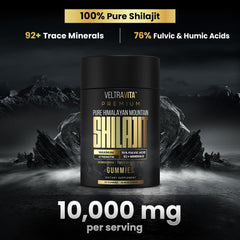 VeltraVita Shilajit Gummies bottle closeup showing high potency and portability