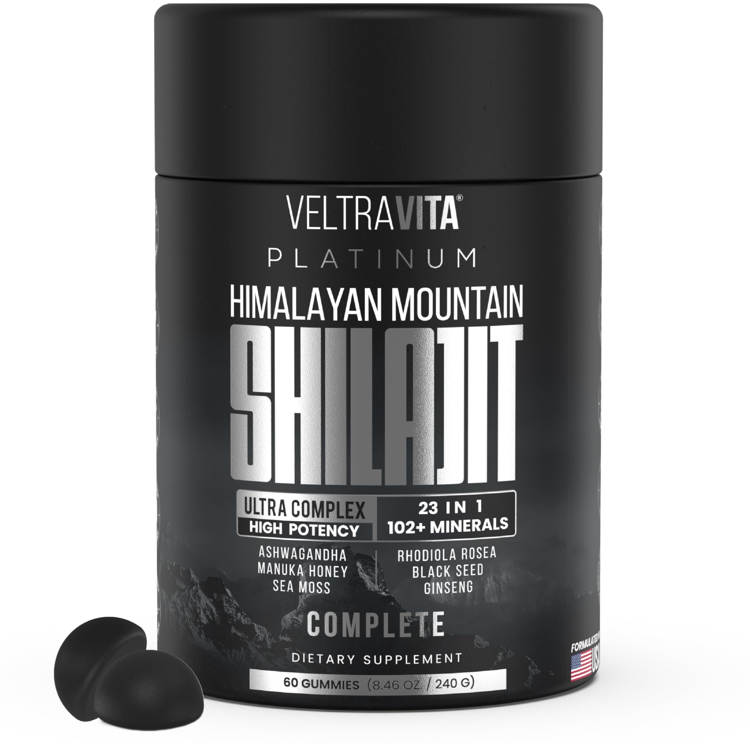 VeltraVita Shilajit bottle pour showing potent daily wellness blend