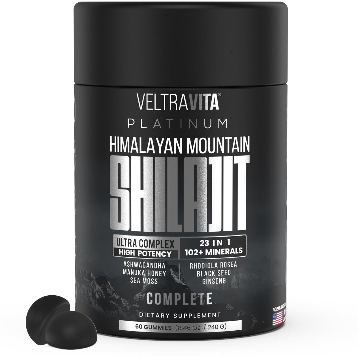 VeltraVita Shilajit bottle pour showing potent daily wellness blend