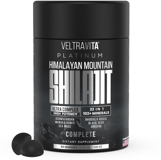 VeltraVita Shilajit bottle pour showing potent daily wellness blend