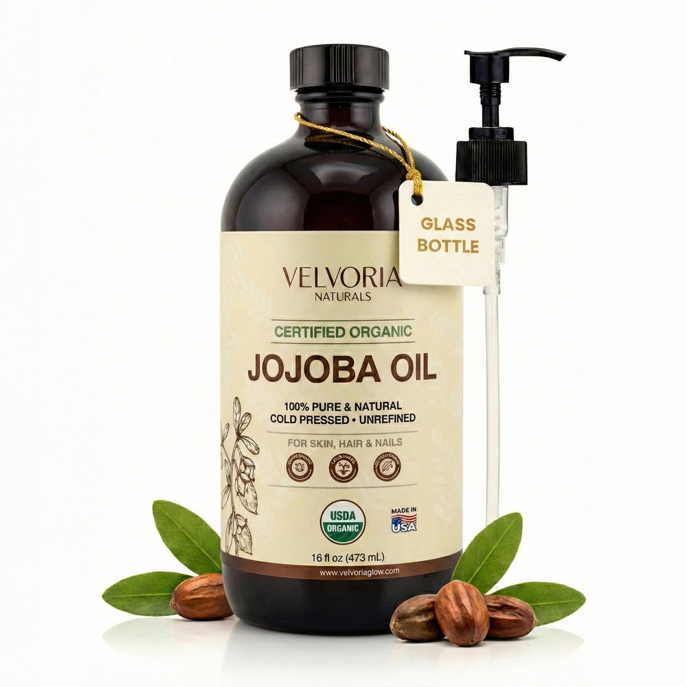 VELVORIA NATURALS jojoba oil bottle with pump for precise, mess-free application.