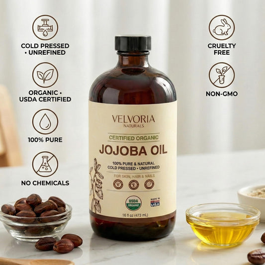 Golden color of Velvoria Naturals jojoba oil highlights purity and quality.