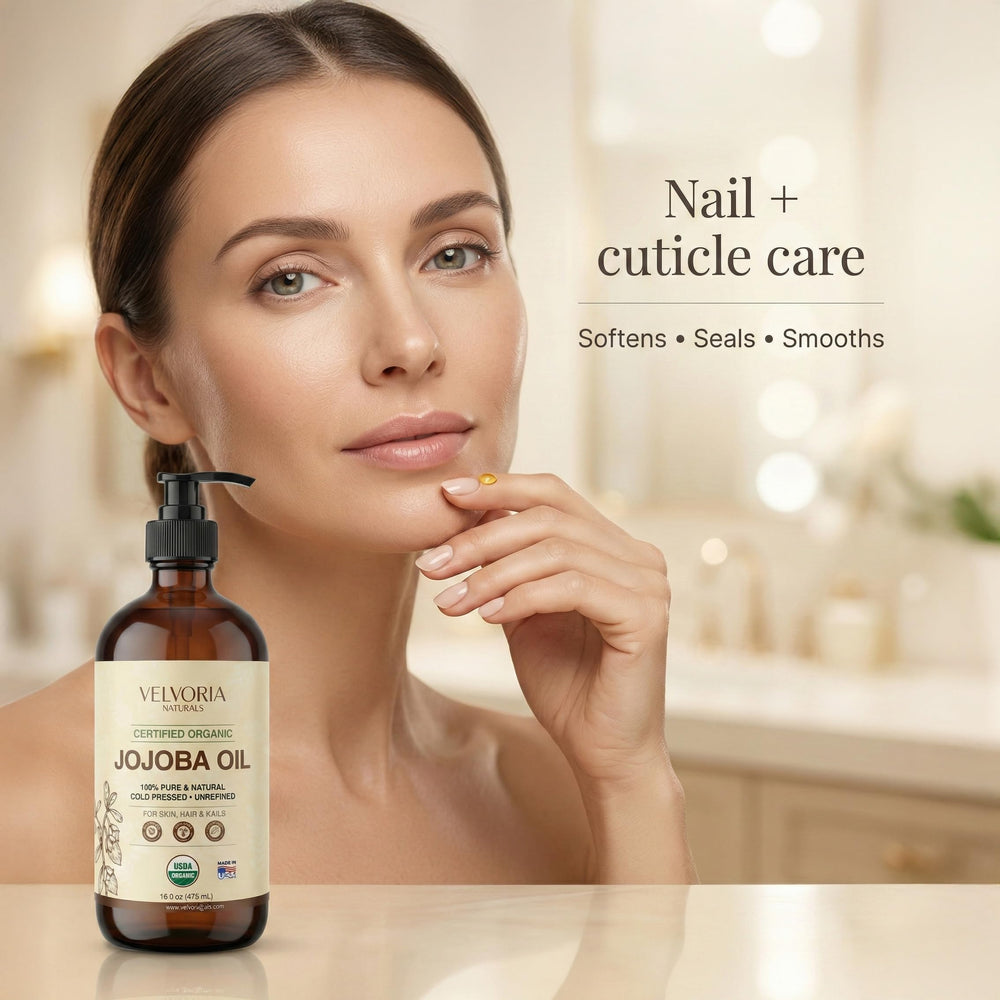 USDA Organic, vegan, cruelty-free jojoba oil formula from Velvoria Naturals.