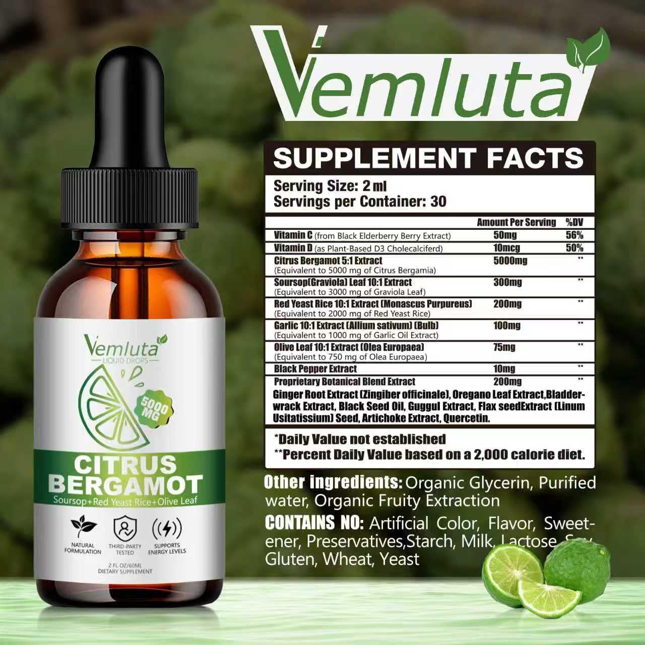 Vemluta Citrus Bergamot Drops pour demonstrating easy daily dosing.