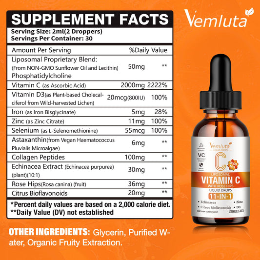Vemluta liposomal vitamin C label close-up showing the 2000 mg formula and key nutrients.