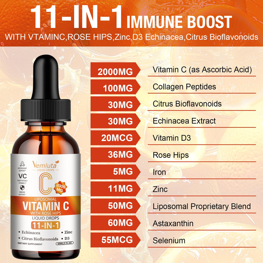 Vemluta liposomal vitamin C rose hips ingredients showcase antioxidant blend for everyday wellness.