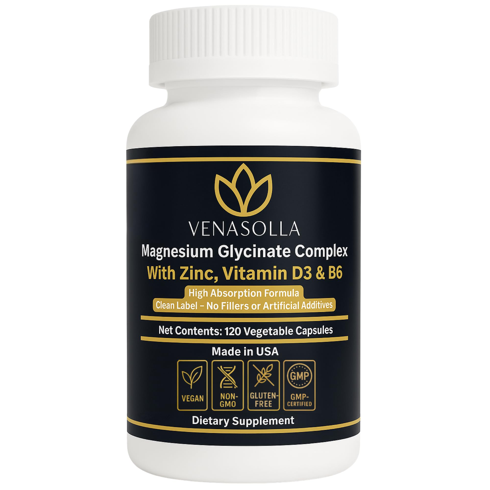 Venasolla Magnesium Glycinate 4-in-1 bottle shows 120 vegan capsules for a two-month supply
