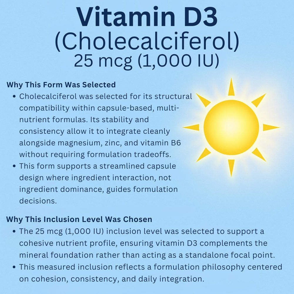 Ingredient panel on Venasolla magnesium complex highlighting zinc picolinate and vitamins D3 B6