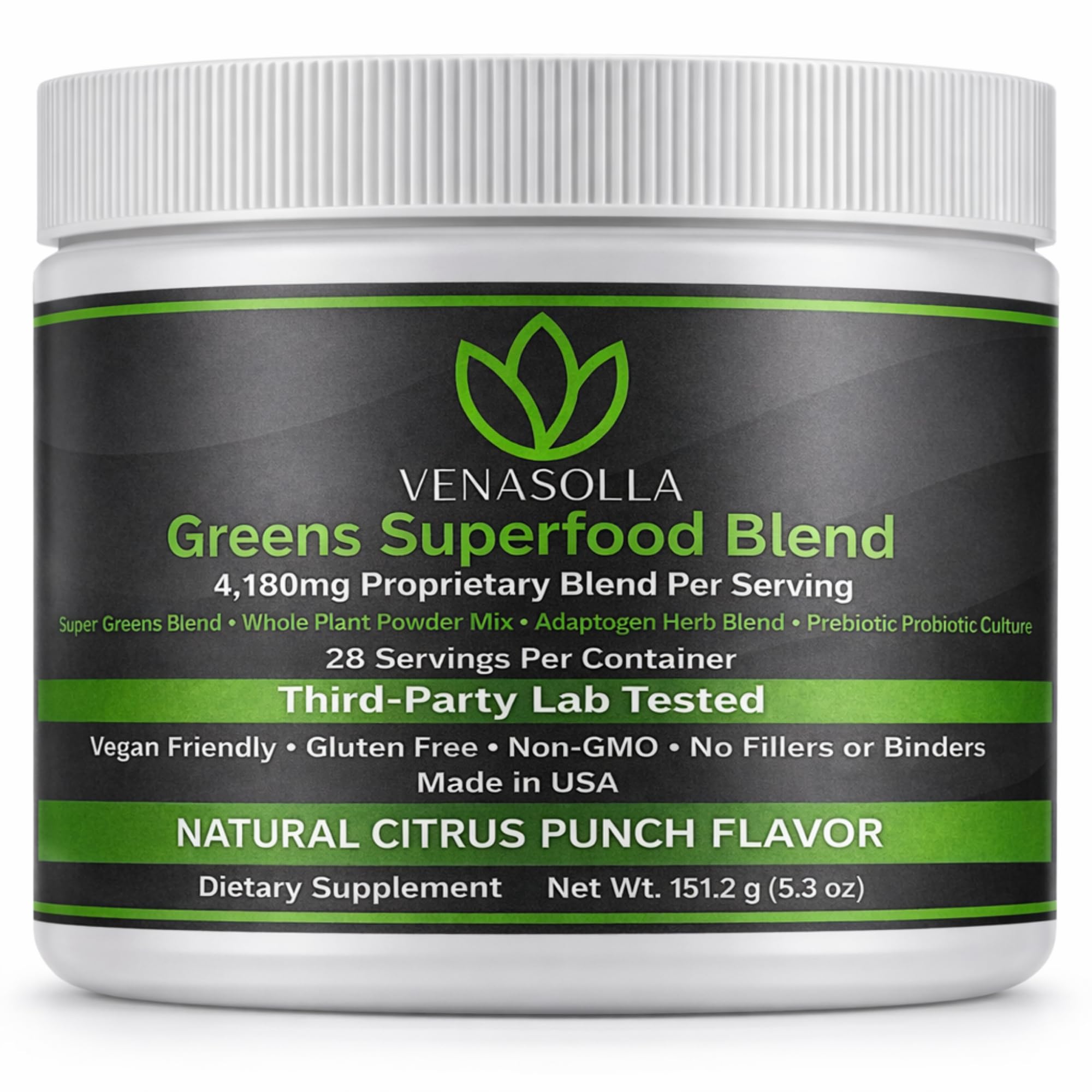 Venasolla Super Greens Powder Citrus Punch label showing organic blend for daily wellness