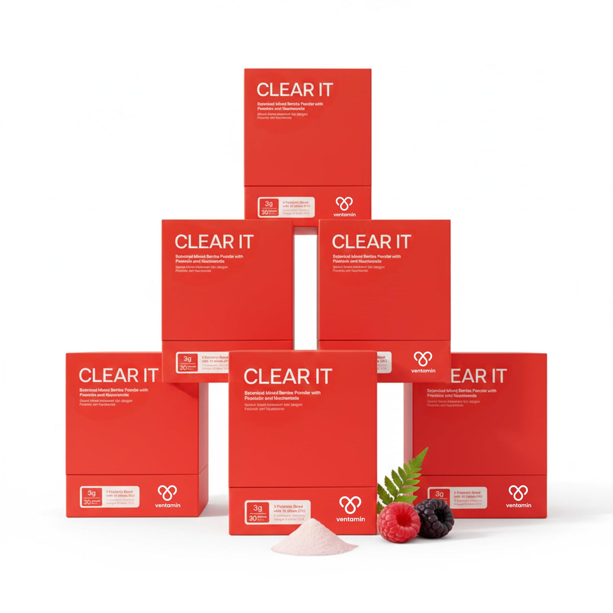 Ventamin Clear It berry sachet pack for daily skin detox support.