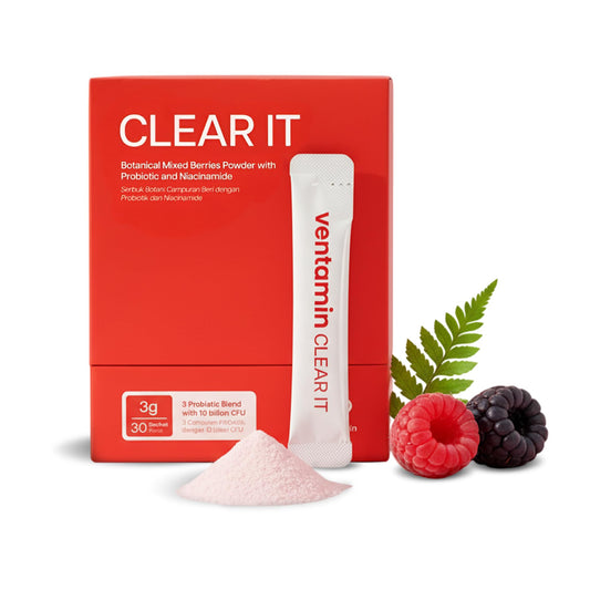 Ventamin Clear It berry sachet powder dissolving in water for daily routine.