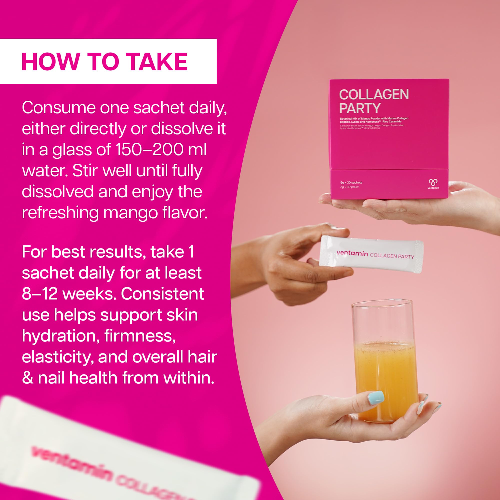 Ventamin Collagen Party label close-up highlighting marine collagen peptides for skin support