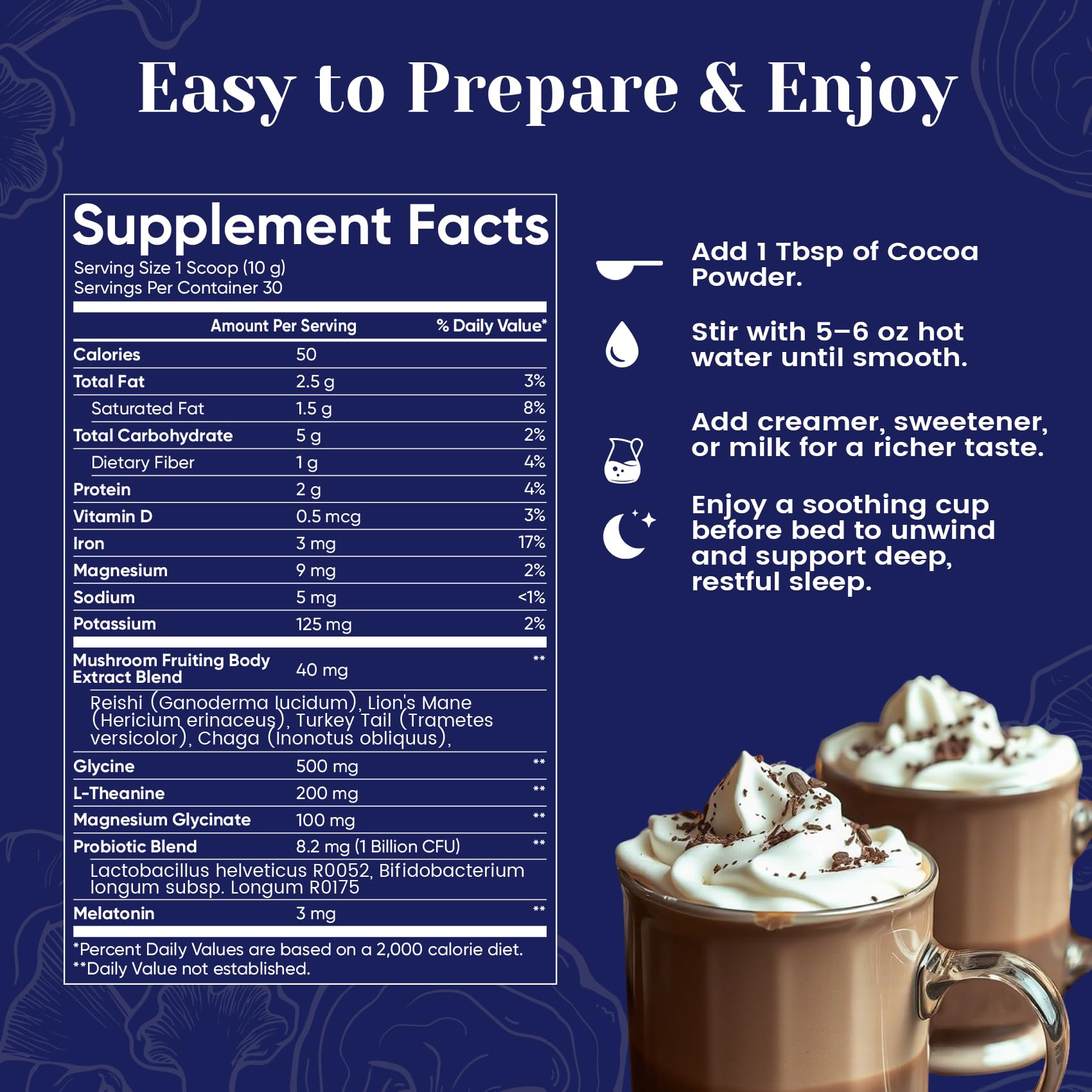 Venture Pal mushroom cocoa ingredients label details probiotic and digestive support.