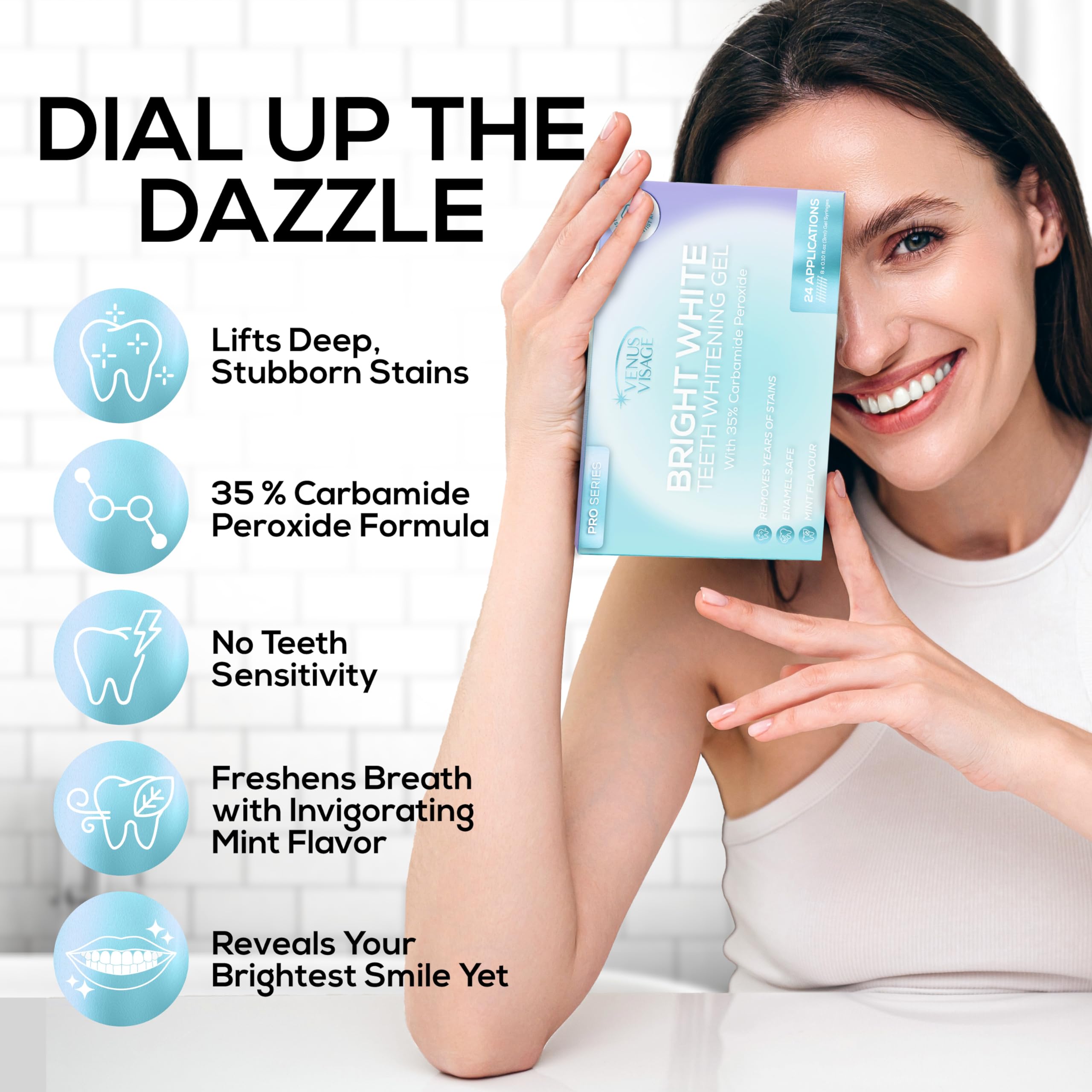 Venus Visage 35 percent carbamide peroxide gel tubes deliver enamel-safe whitening with minimal sensitivity.