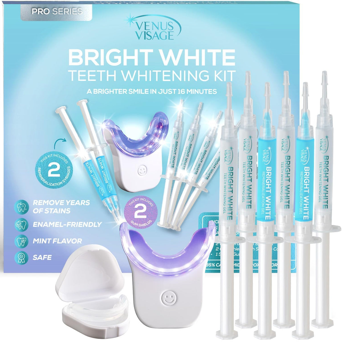 Venus Visage LED whitening device shown with a bright, even light for a safer whitening process.