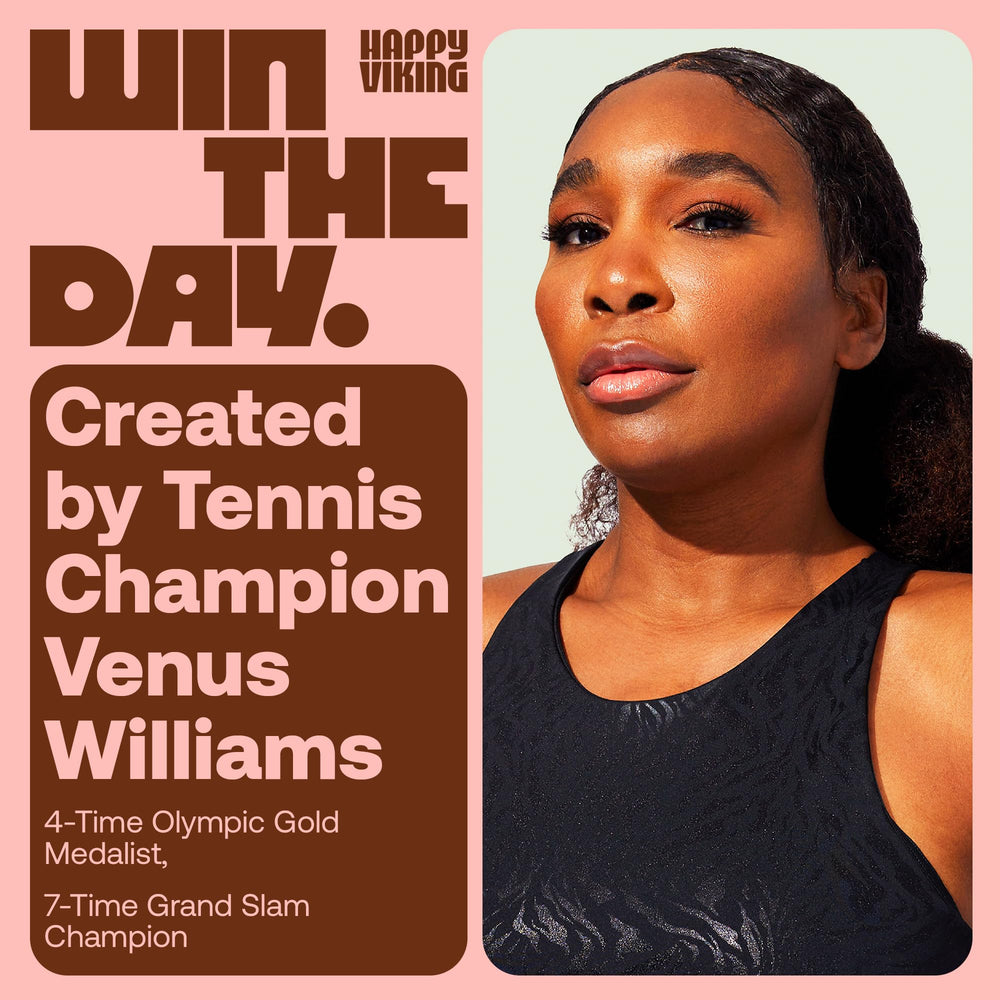 Venus Williams Happy Viking tub displayed for clean vegan nutrition