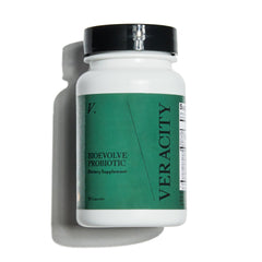 Veracity Metabolic Defense bottle front showing probiotic packaging and label.
