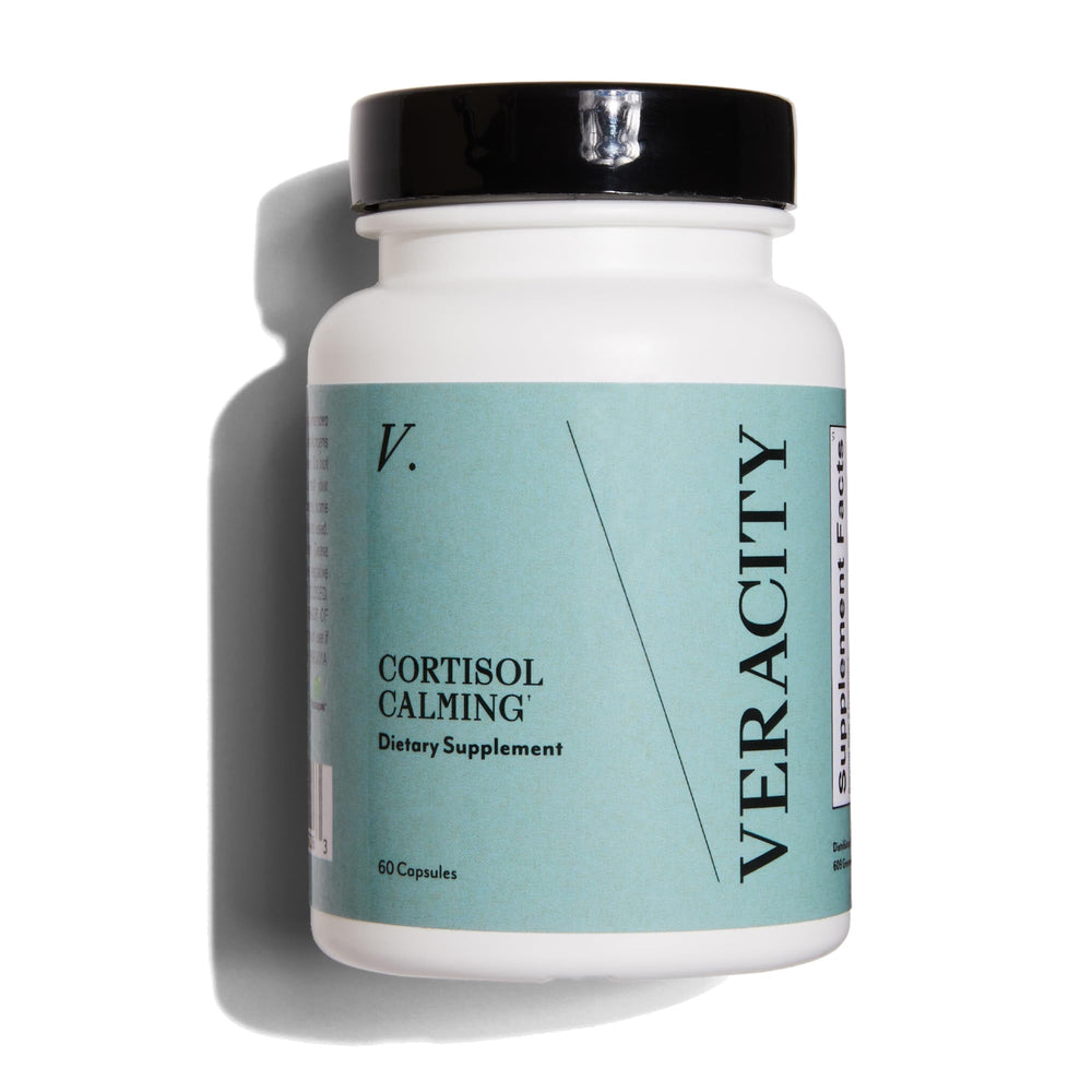 Veracity SelfCare Cortisol Calming bottle on desk for daytime focus support.