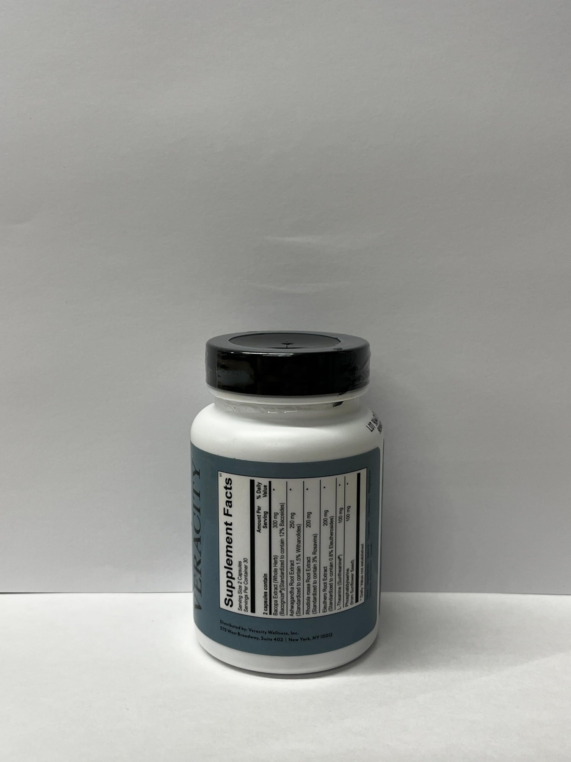 Veracity SelfCare Cortisol Calming bottle with dosage guidance for daily use.