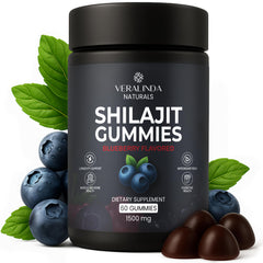 Veralinda Naturals Shilajit Gummies blueberry bottle highlights vegan energy support.