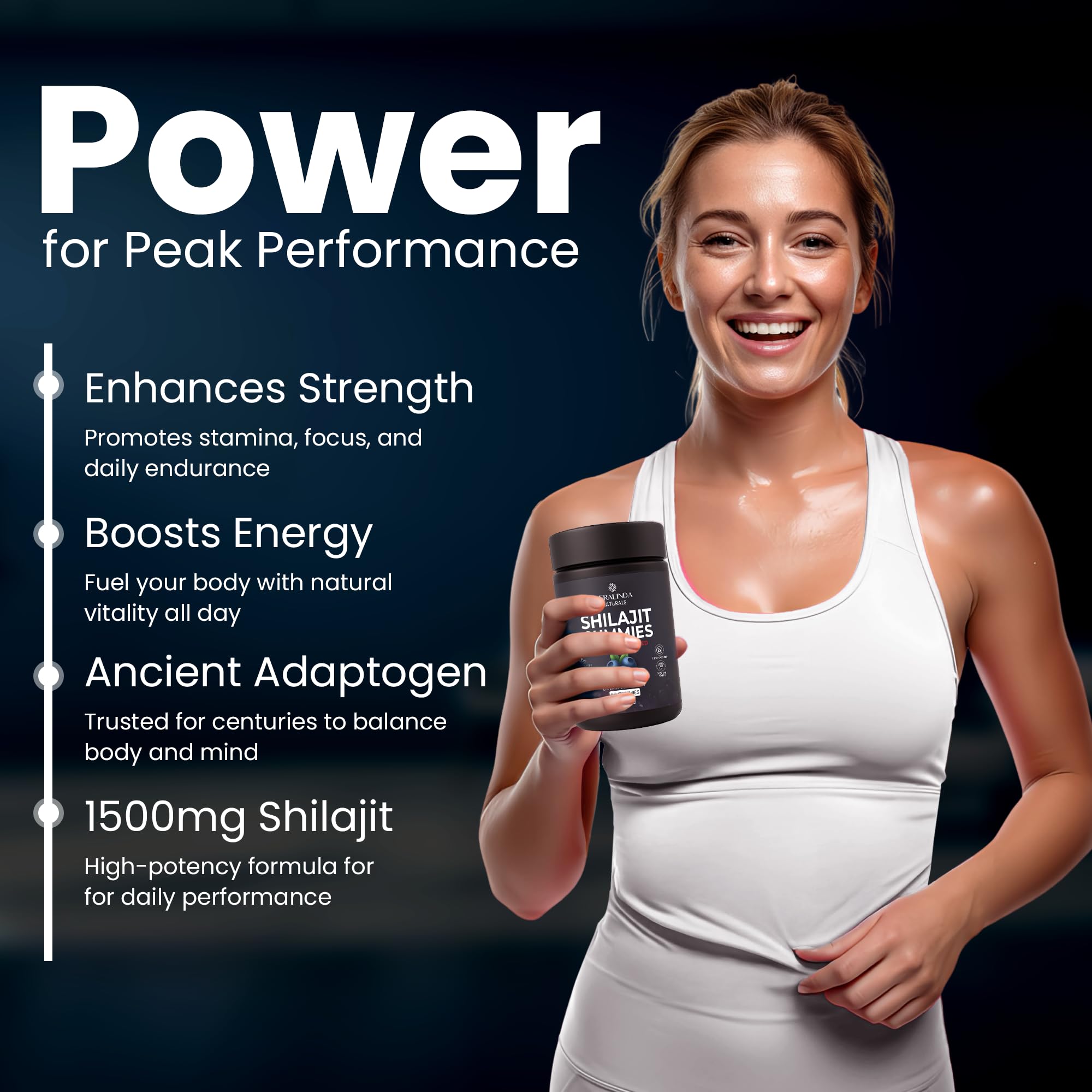 Shilajit Gummies label emphasizes fulvic acid potency and ingredient details.