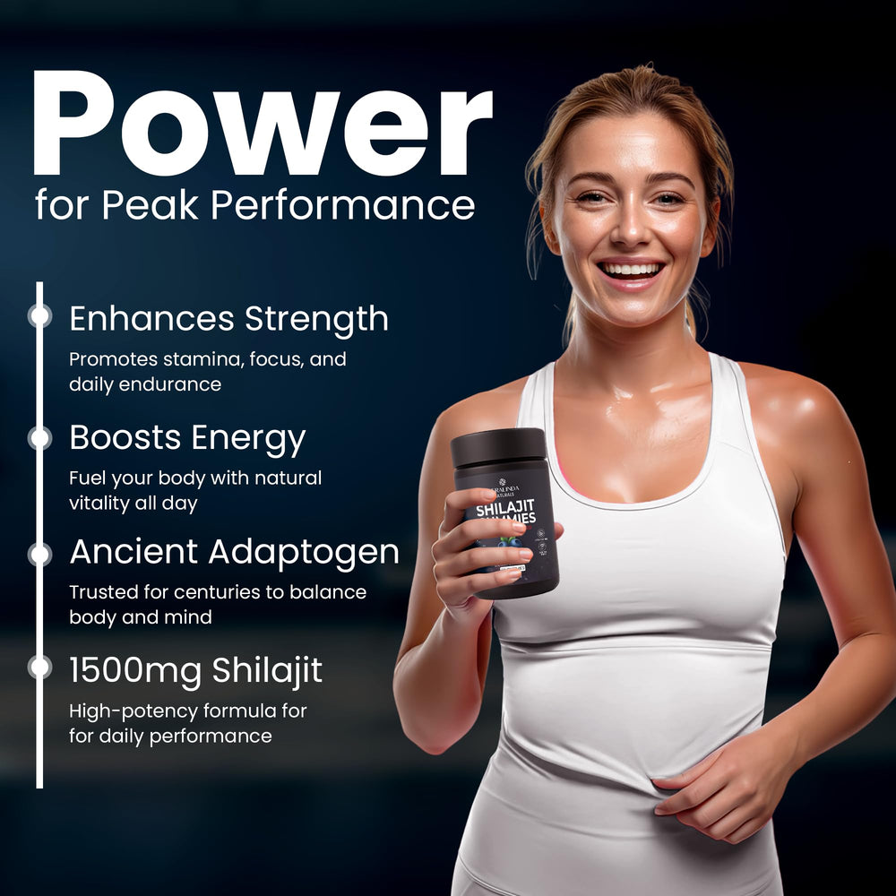 Shilajit Gummies label emphasizes fulvic acid potency and ingredient details.