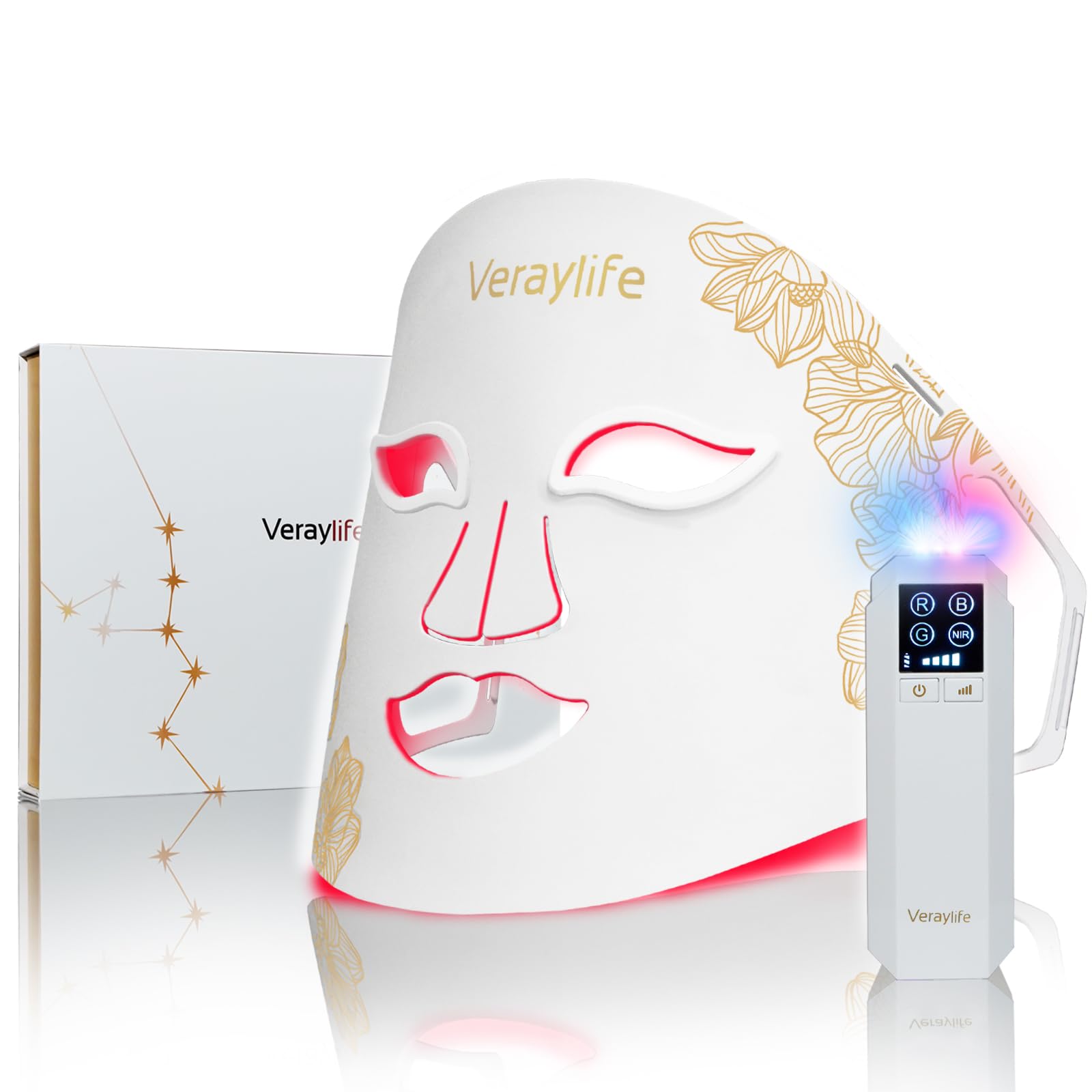 Veraylife red light therapy mask front view for facial rejuvenation and even tone.