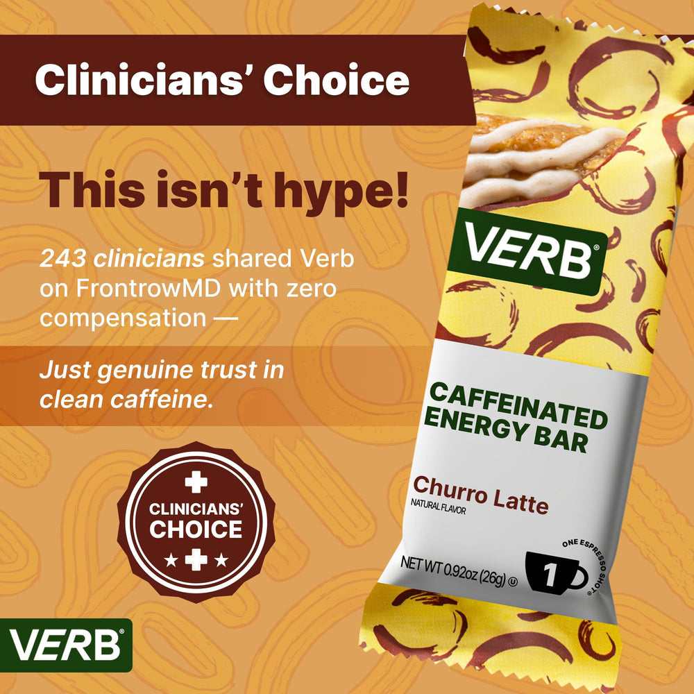 Verb Caffeinated Energy Bar 16-pack display illustrates sustained, jitter-free energy.