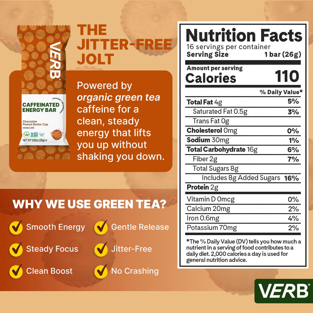 Close-up of Verb Energy Bar chocolate peanut butter cup texture.