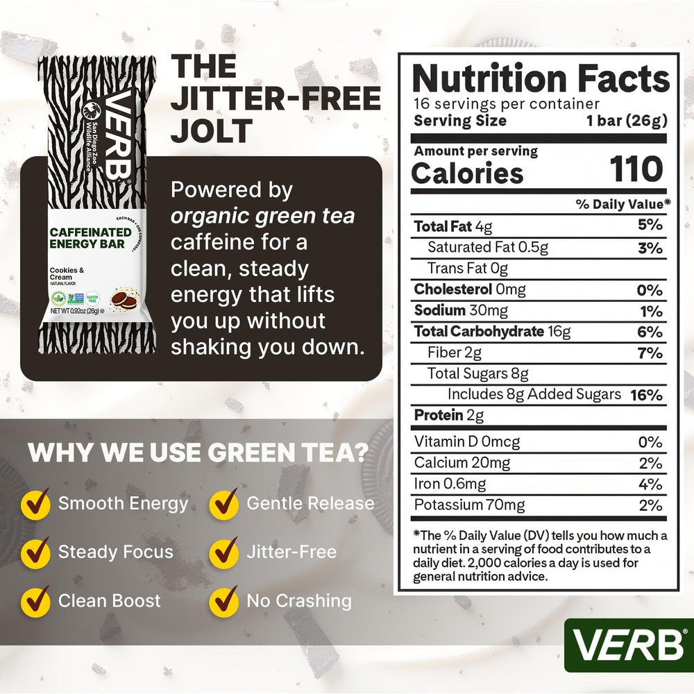 Close-up of Verb Energy Bar Cookies and Cream showing chocolate cookie texture and creamy coating.