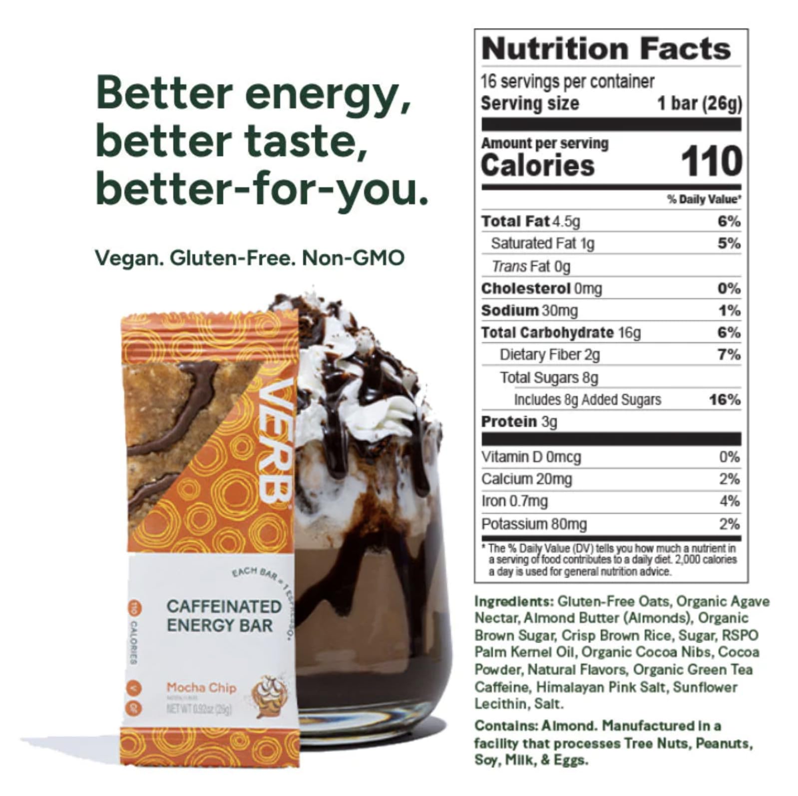 Verb Caffeinated Energy Bar Mocha Chip close-up shows chocolate chips and oats.