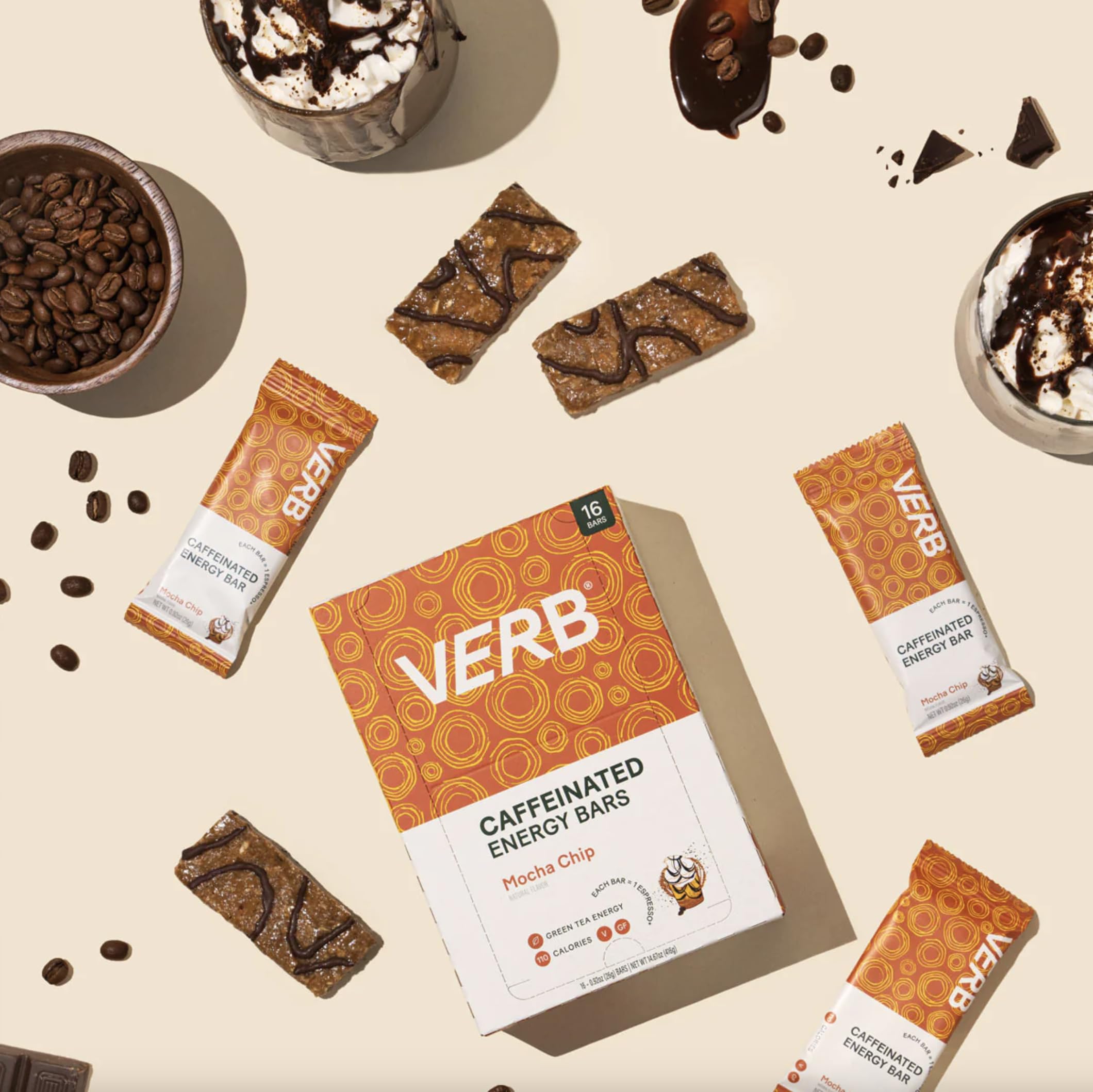 Verb Caffeinated Energy Bar Mocha Chip at a desk for focused work.