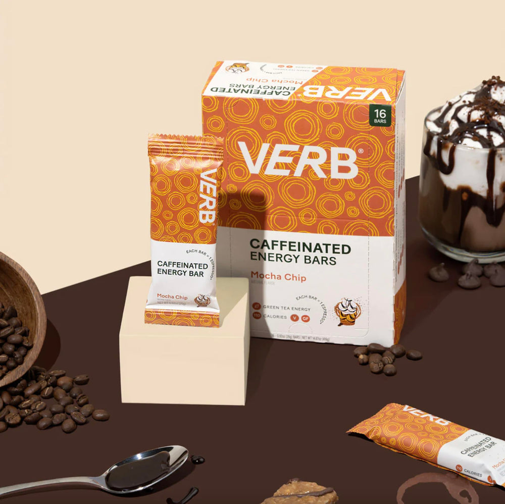 Verb Caffeinated Energy Bar Mocha Chip ingredients spread highlights oats and green tea caffeine.