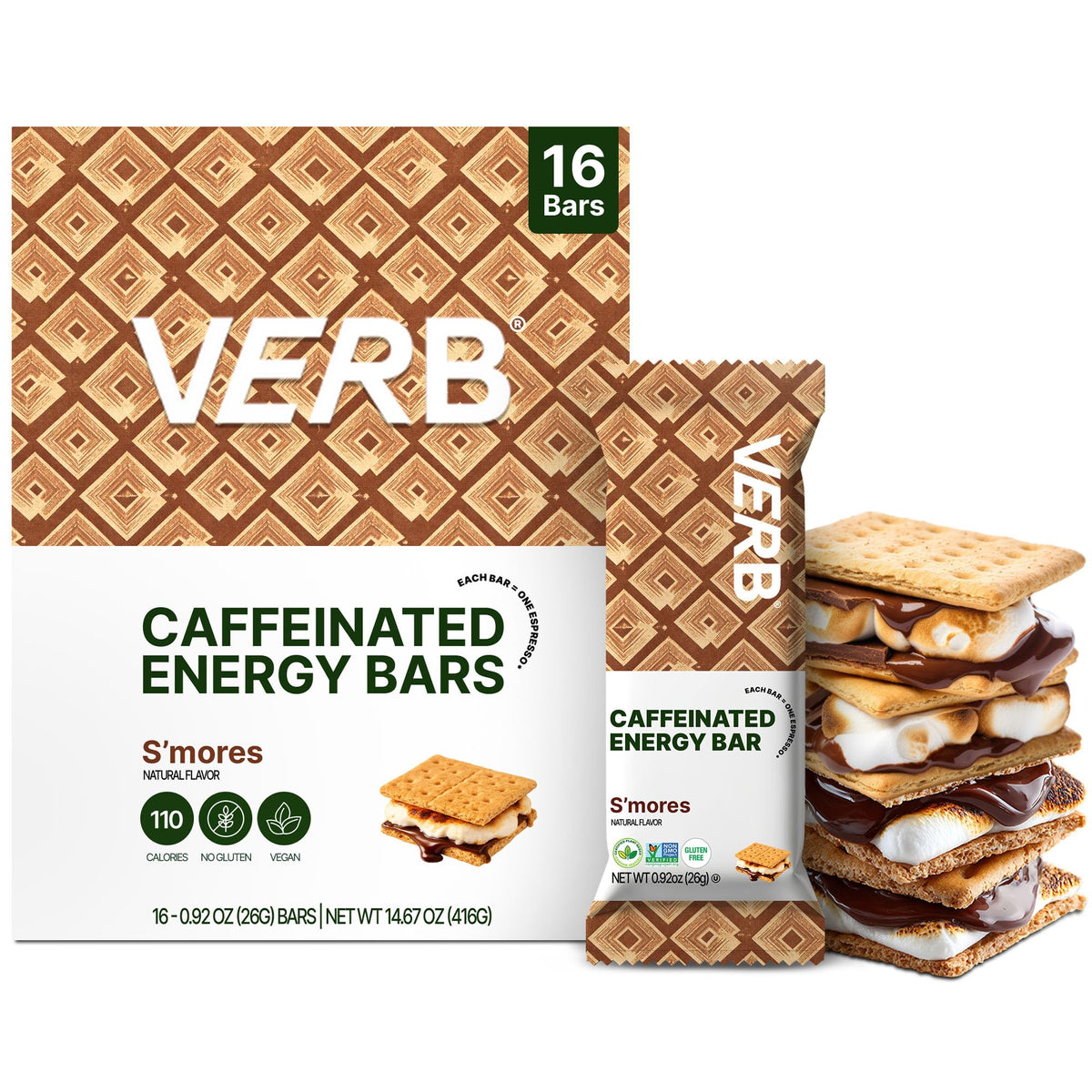 Verb Caffeinated Energy Bars Smores pack 16 front view for on-the-go energy