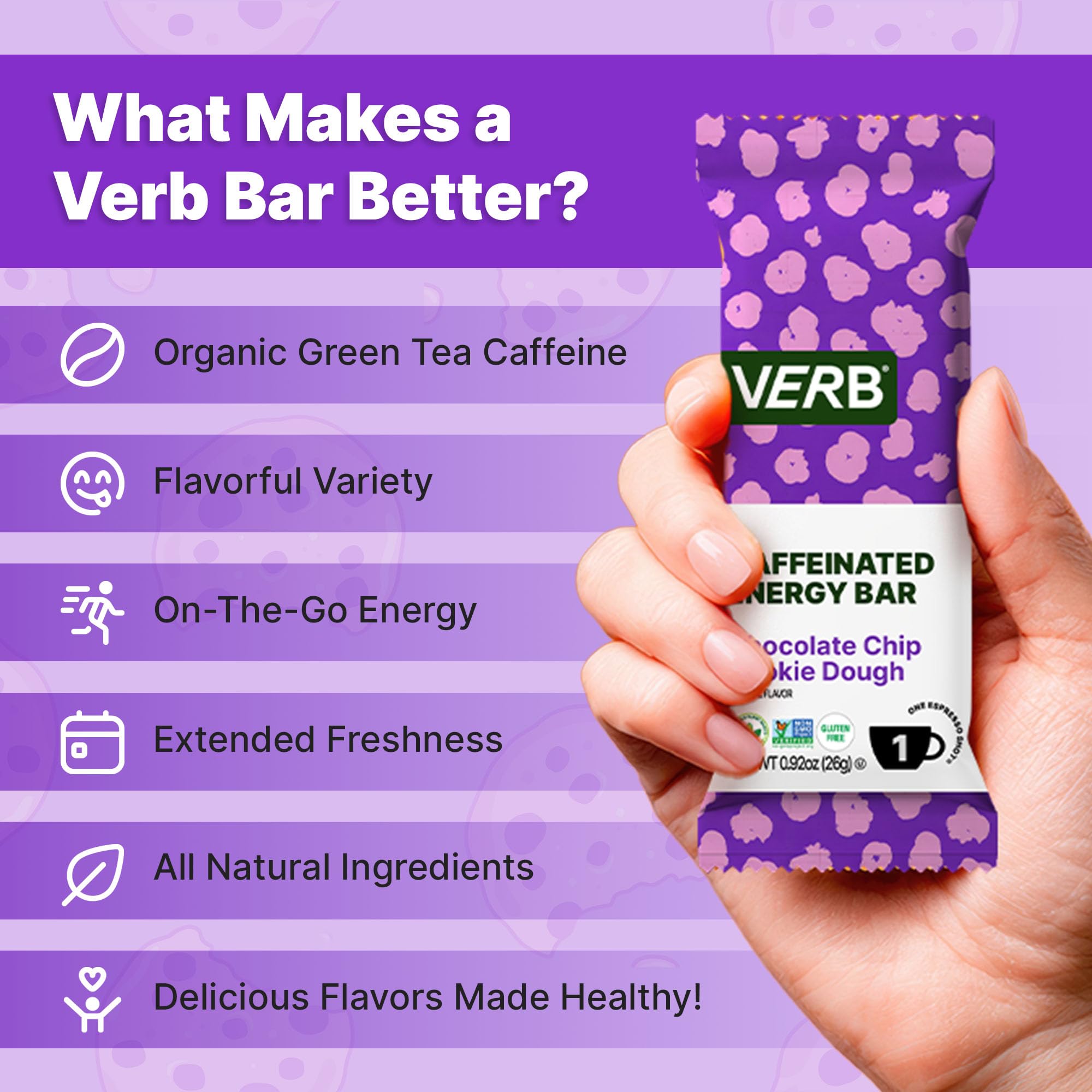 Verb Energy Bar Chocolate Chip Cookie Dough shown in a backpack for travel or workouts