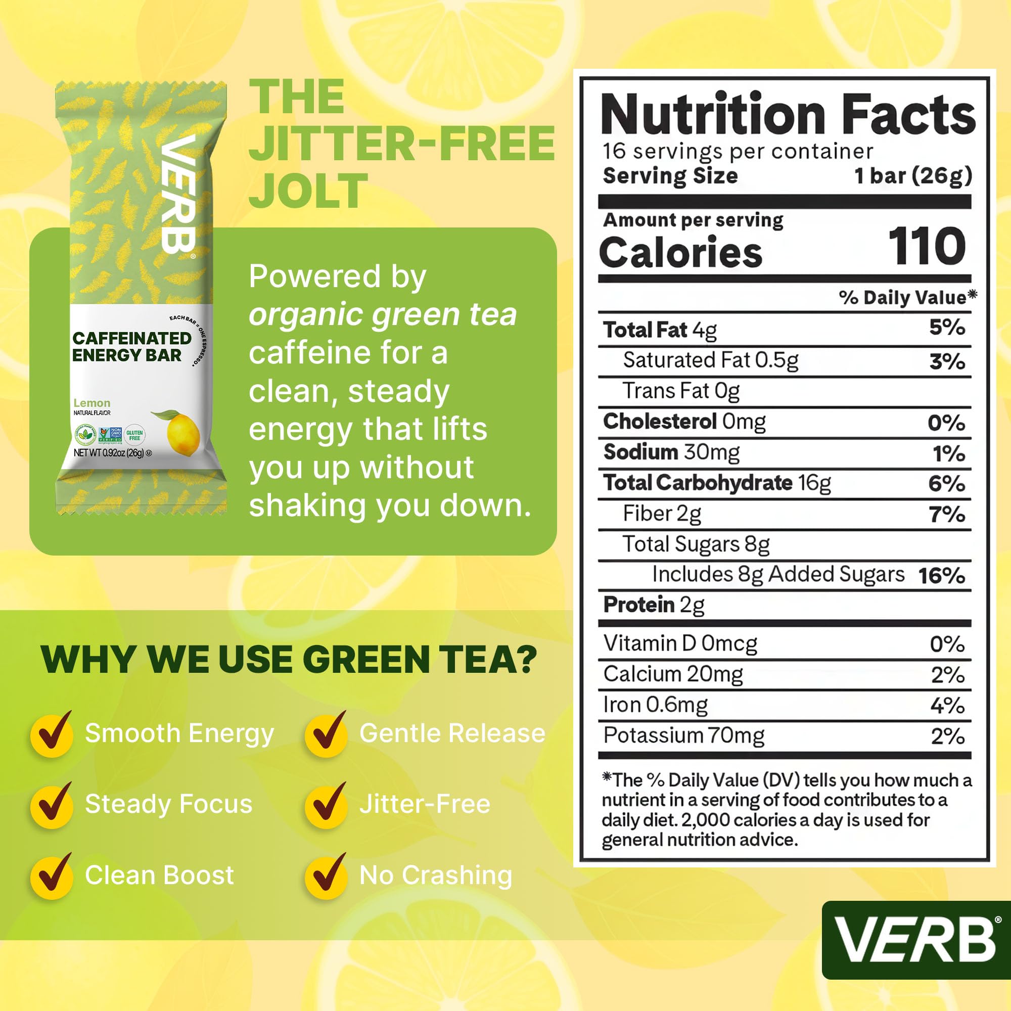 Verb Caffeinated Energy Bar Lemon closeup with bright citrus flavor and subtle sweetness.