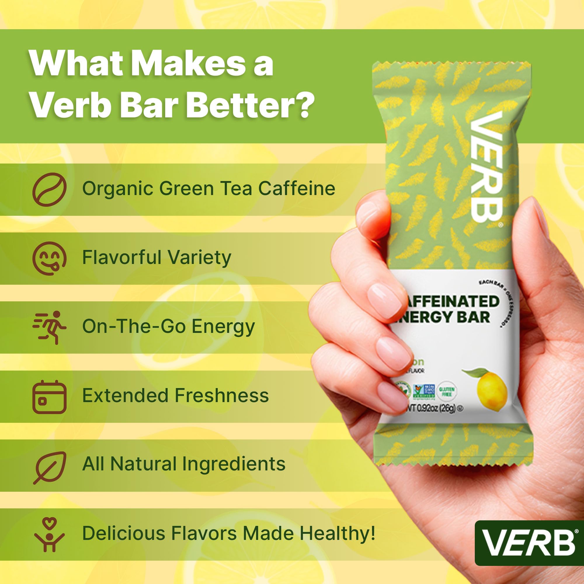 Verb Caffeinated Energy Bar Lemon nutrition facts show 110 calories and caffeine.