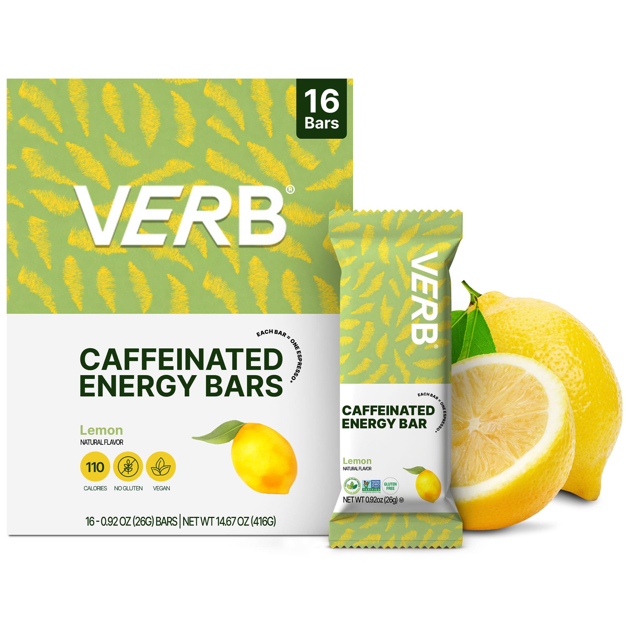 Verb Caffeinated Energy Bar Lemon pack shot for portable energy on busy days.
