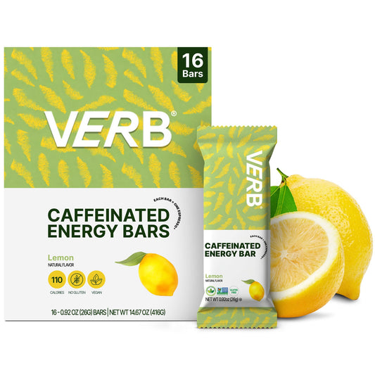 Verb Caffeinated Energy Bar Lemon pack shot for portable energy on busy days.
