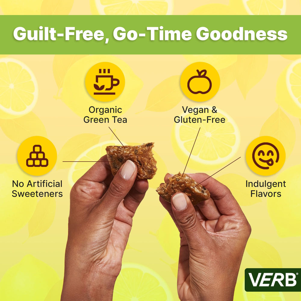 Verb Caffeinated Energy Bar Lemon vegan gluten-free badge for dietary-friendly ingredients.