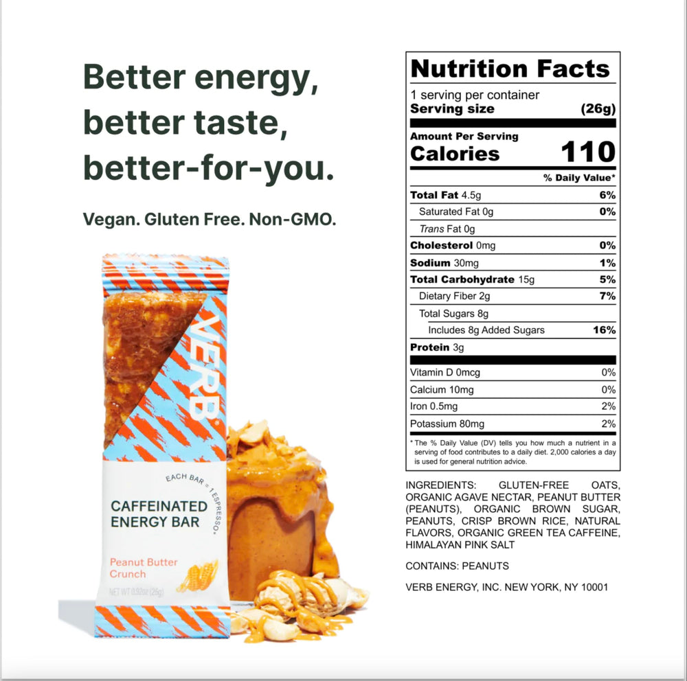Verb Energy Bar Peanut Butter Cookie close-up highlighting texture and caffeine.