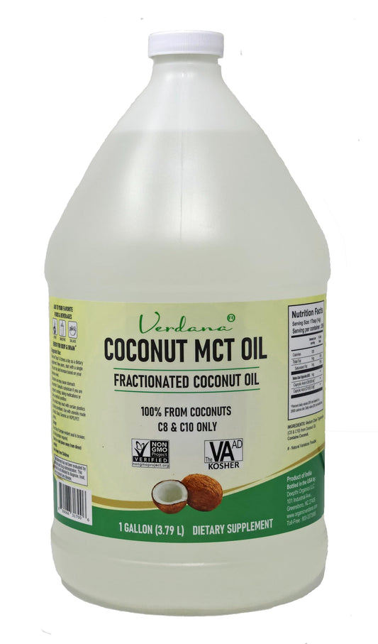 Verdana Coconut MCT Oil bottle front view emphasizing pure coconut origin for keto-friendly use
