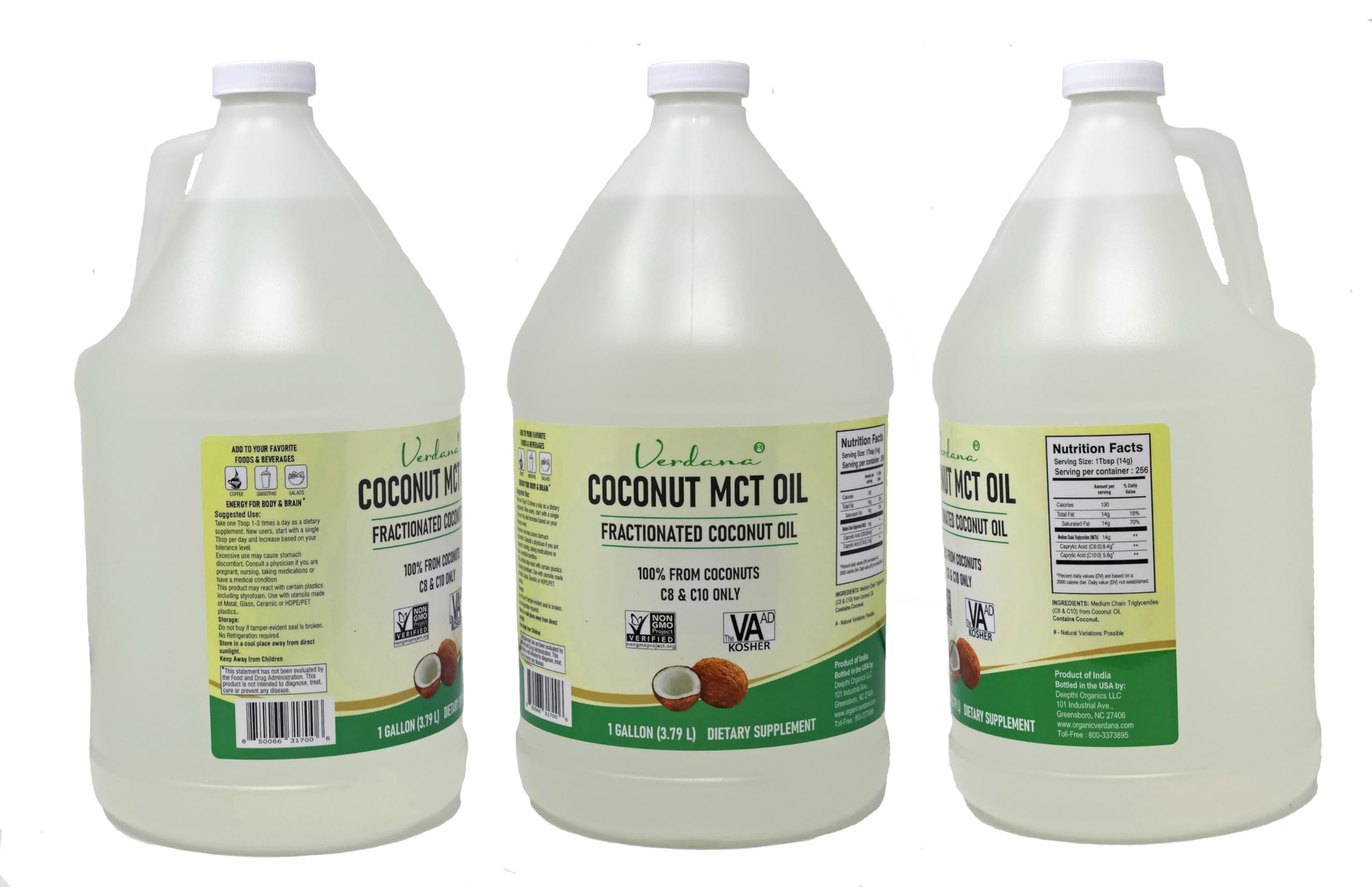 Verdana Coconut MCT Oil bottle label showing non-GMO and kosher certifications