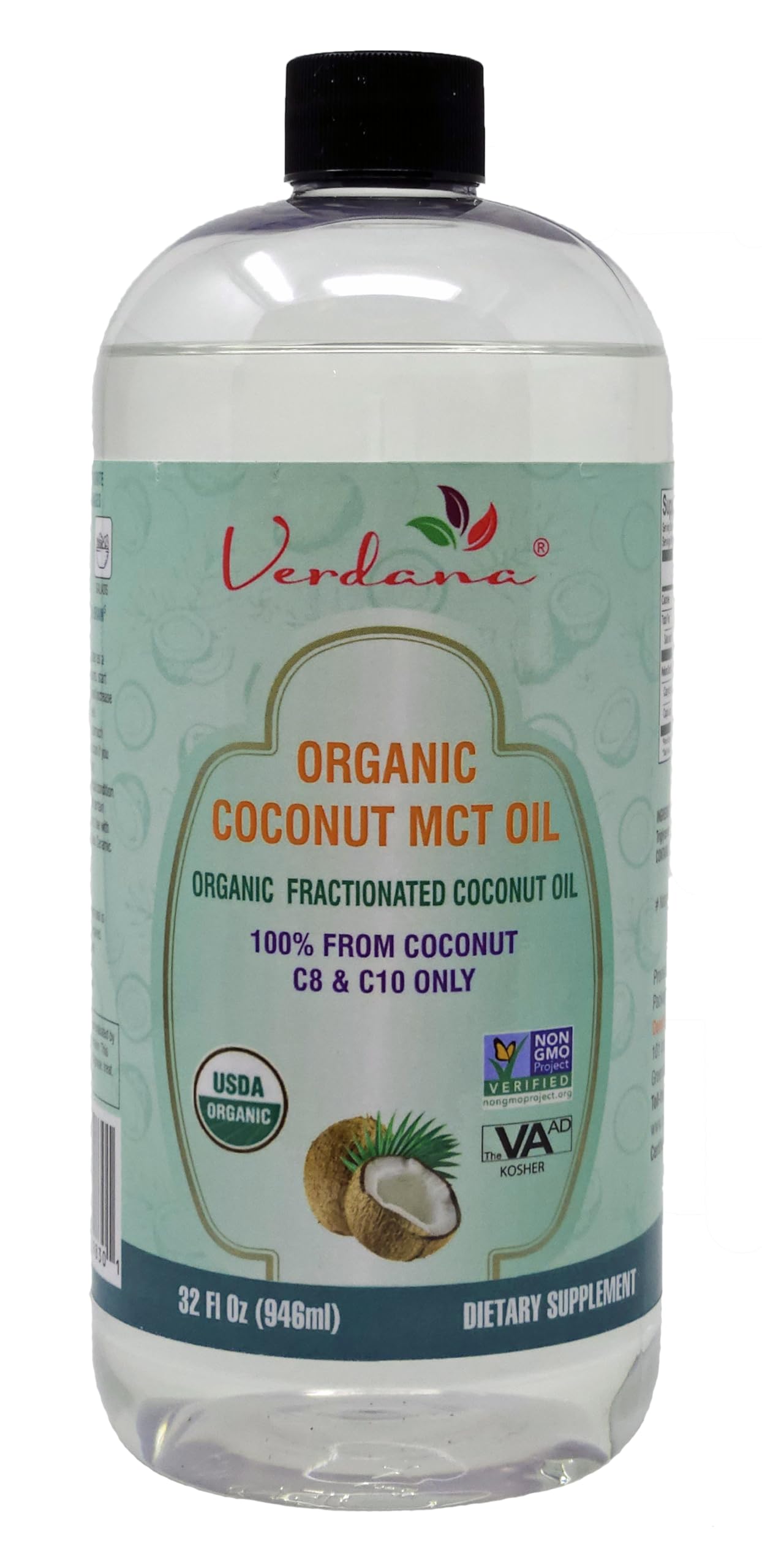 Verdana Organic MCT Oil 32oz bottle for keto and versatile use.