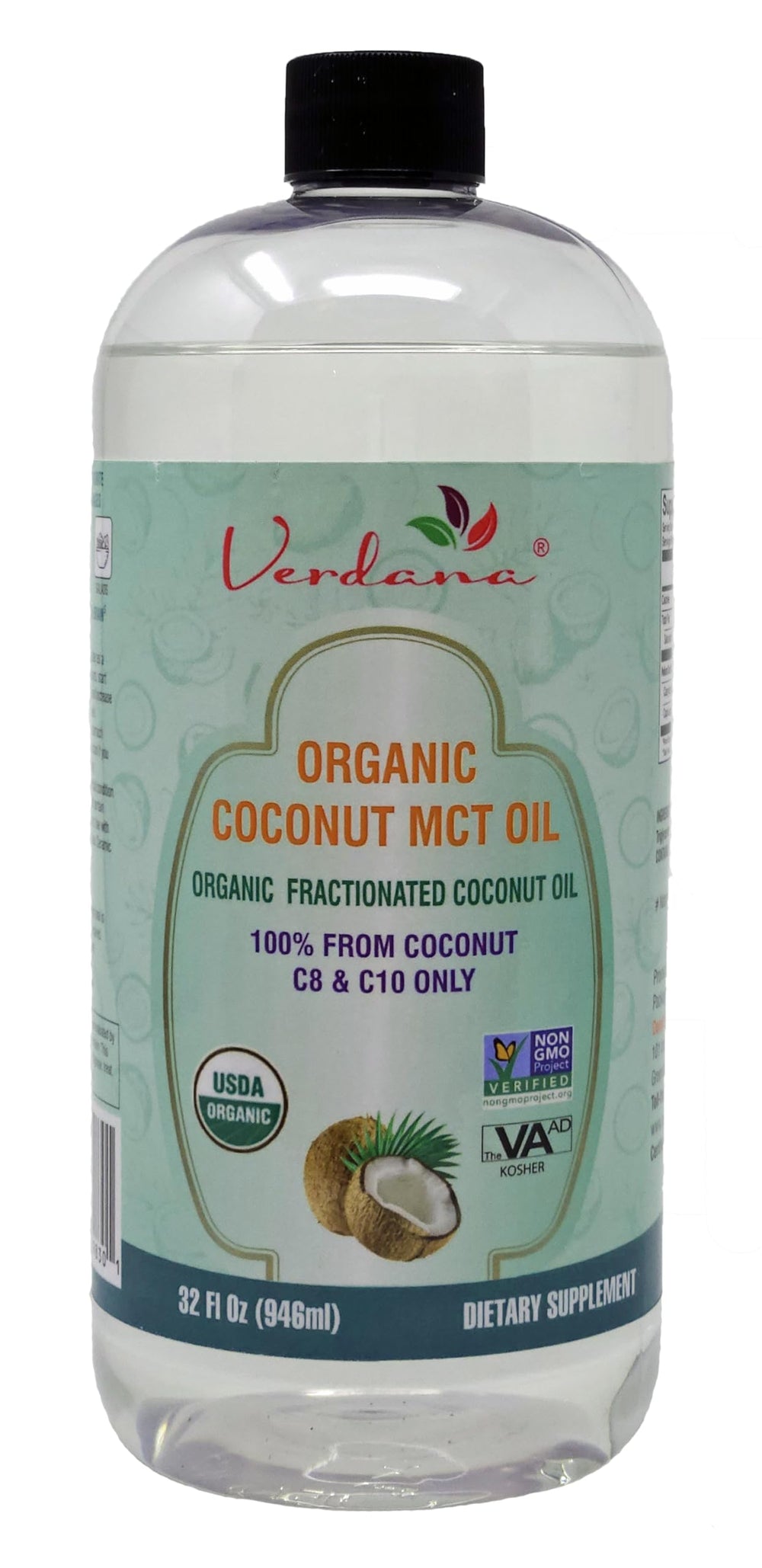 Verdana Organic MCT Oil 32oz bottle for keto and versatile use.